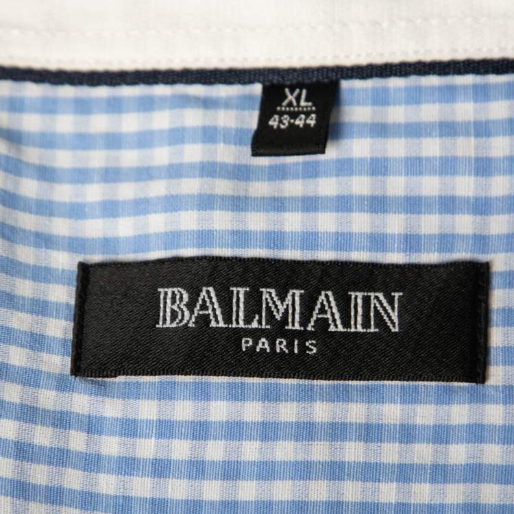 Pre Owned Balmain Blue Checked Linen & Cotton Logo Embroidered Button Down Shirt XL