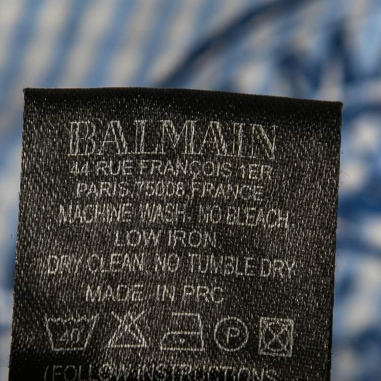 Pre Owned Balmain Blue Checked Linen & Cotton Logo Embroidered Button Down Shirt XL