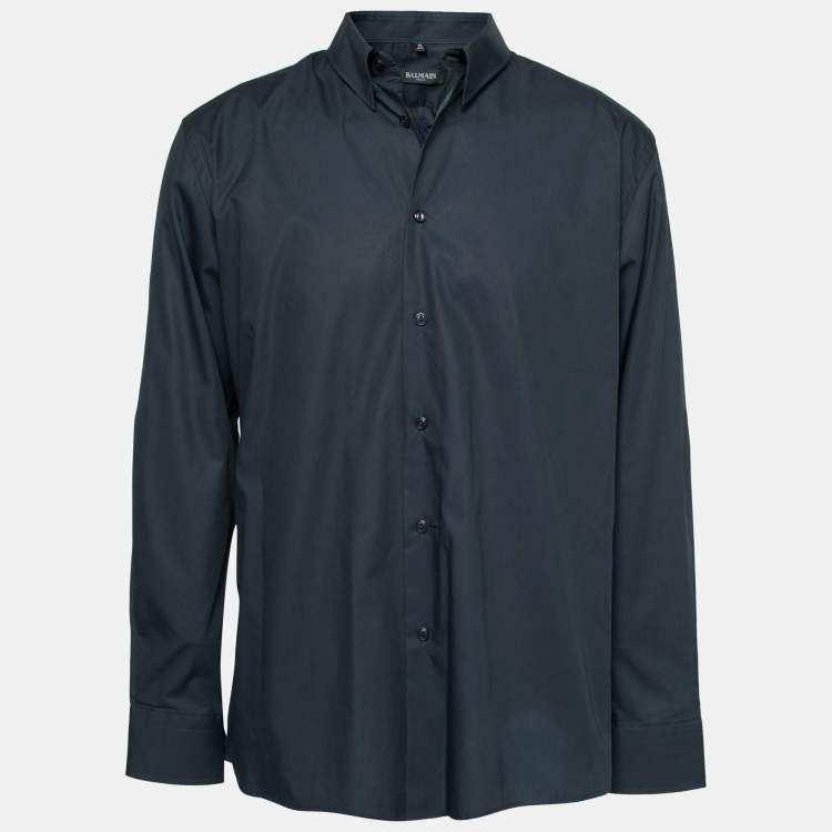 Pre Owned Balmain Midnight Blue Cotton Logo Embroidered Button Front Shirt XL