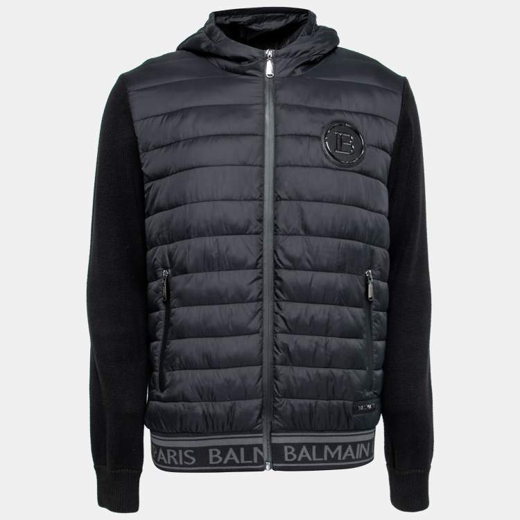 Balmain Black Synthetic & Knit Paneled Hooded Zip Front