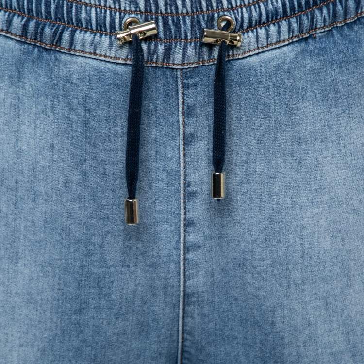 Pre Owned Balmain Light Blue Distressed Denim Ribbed-Paneled Jeans L Waist 29"