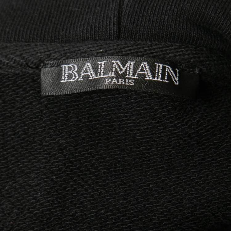Pre Owned Balmain Black Cotton Logo Printed Zip Detail Hoodie XXL
