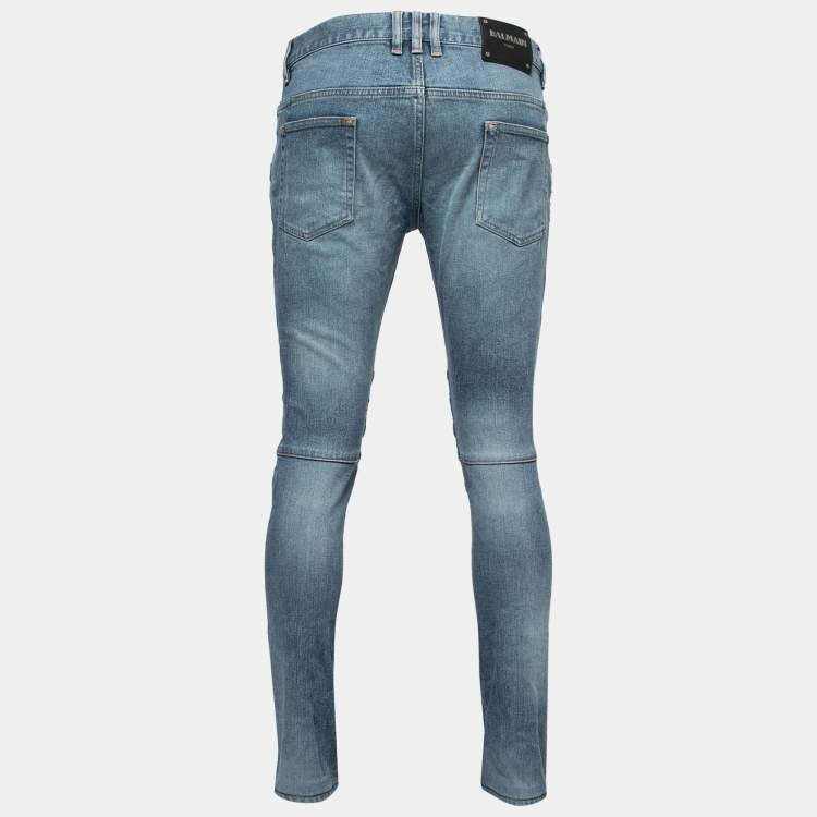 Pre Owned Balmain Blue Denim Biker Jeans L Waist:36"