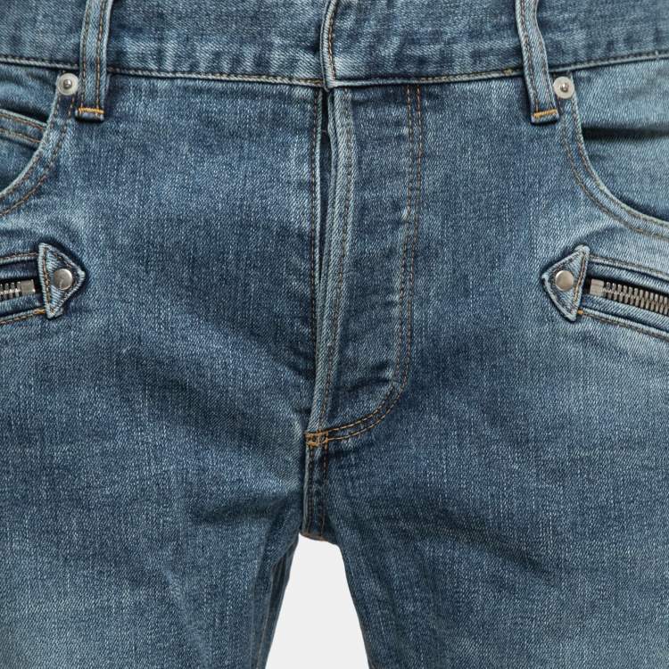 Pre Owned Balmain Blue Denim Biker Jeans L Waist:36"