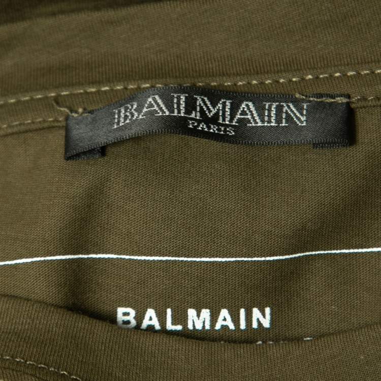 Pre Owned Balmain Olive Green Cotton Logo Embossed Short Sleeve T-Shirt M