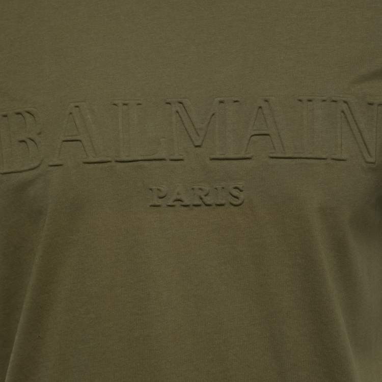 Pre Owned Balmain Olive Green Cotton Logo Embossed Short Sleeve T-Shirt M