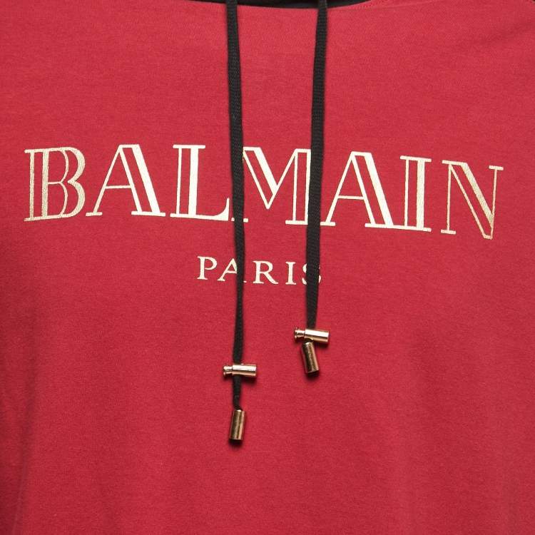 Pre Owned Balmain Red and Black Logo Printed Cotton Knit Hoodie M