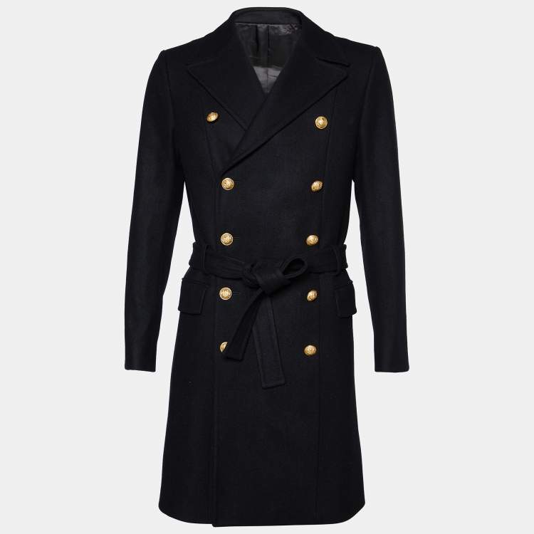 Pre Owned Balmain Black Wool & Cashmere Double Breasted Belted Long Coat M