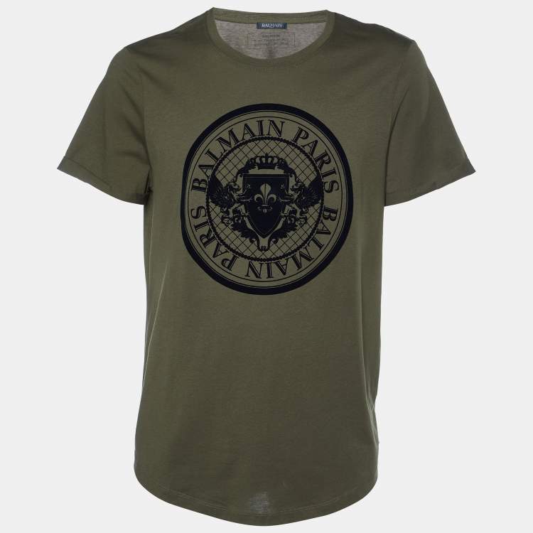 Pre Owned Balmain Olive Green Velvet Coin Logo Crewneck T-Shirt XXL