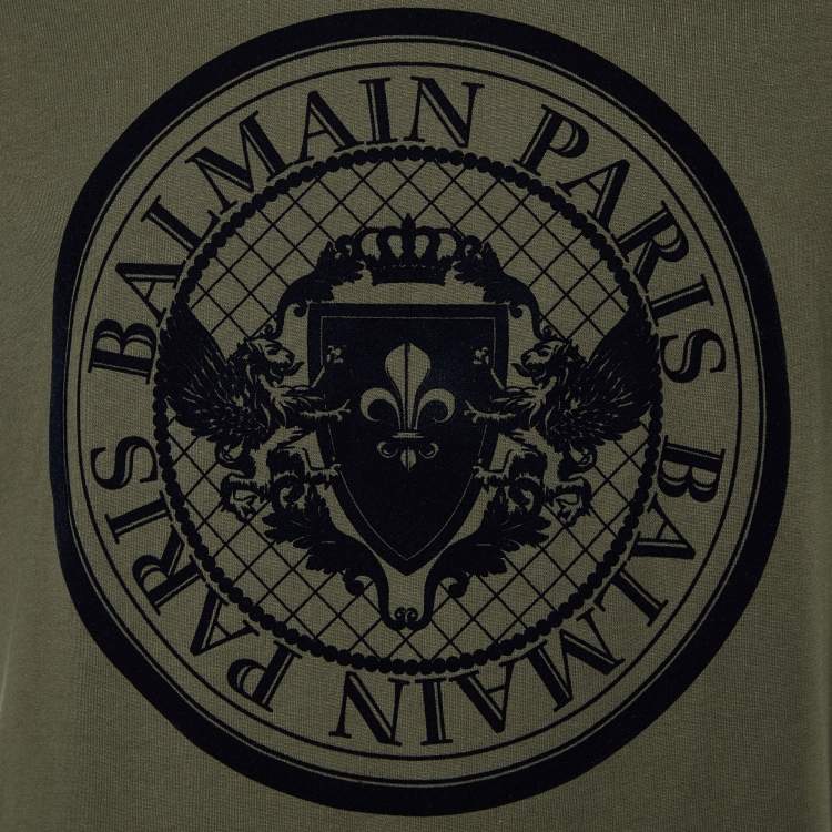 Pre Owned Balmain Olive Green Velvet Coin Logo Crewneck T-Shirt XXL