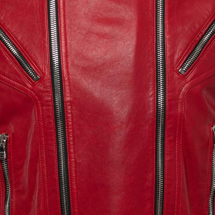 Pre Owned Balmain Red Distressed Leather Moto Biker Jacket L