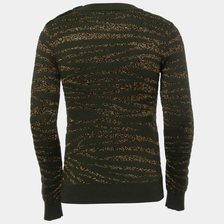 Pre Owned Balmain Green/Metallic Patterned Knit Button Detail Sweater XS