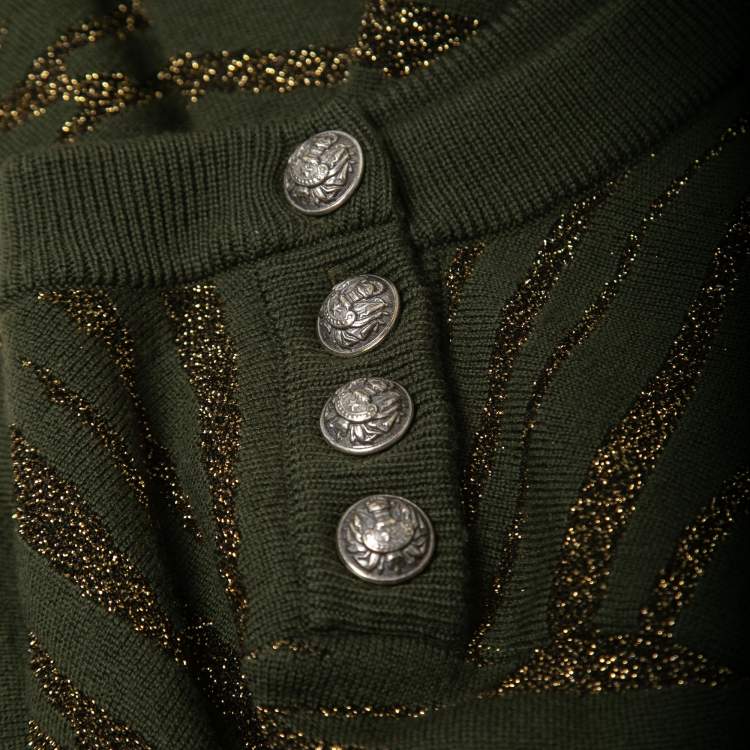 Pre Owned Balmain Green/Metallic Patterned Knit Button Detail Sweater XS
