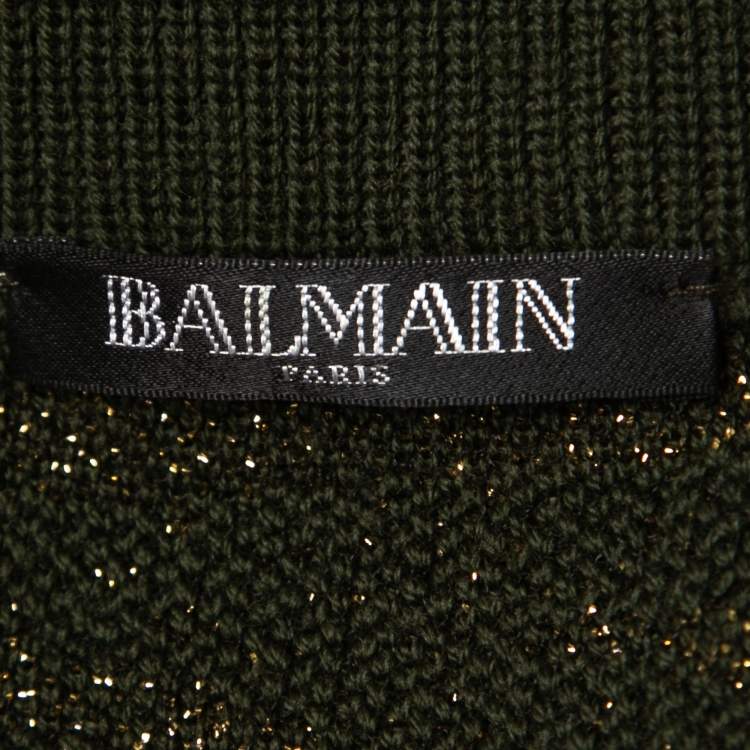 Pre Owned Balmain Green/Metallic Patterned Knit Button Detail Sweater XS