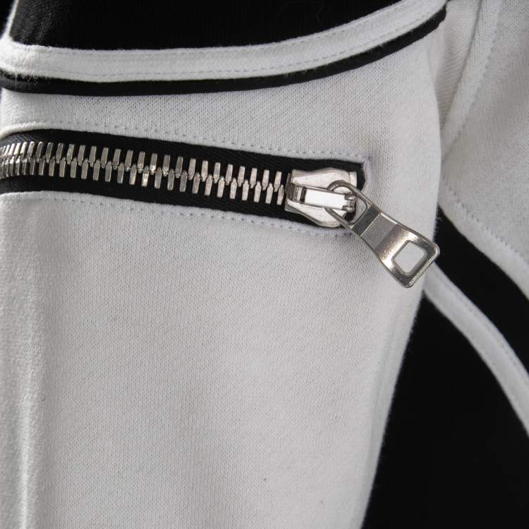 Pre Owned Balmain Black & White Paneled Cotton Knit Zip Front Hoodie L