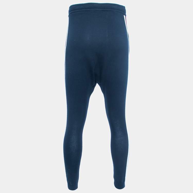 Pre Owned Balmain Navy Blue Cotton Side Stripe Detail Drawstring Yoga Pants XS