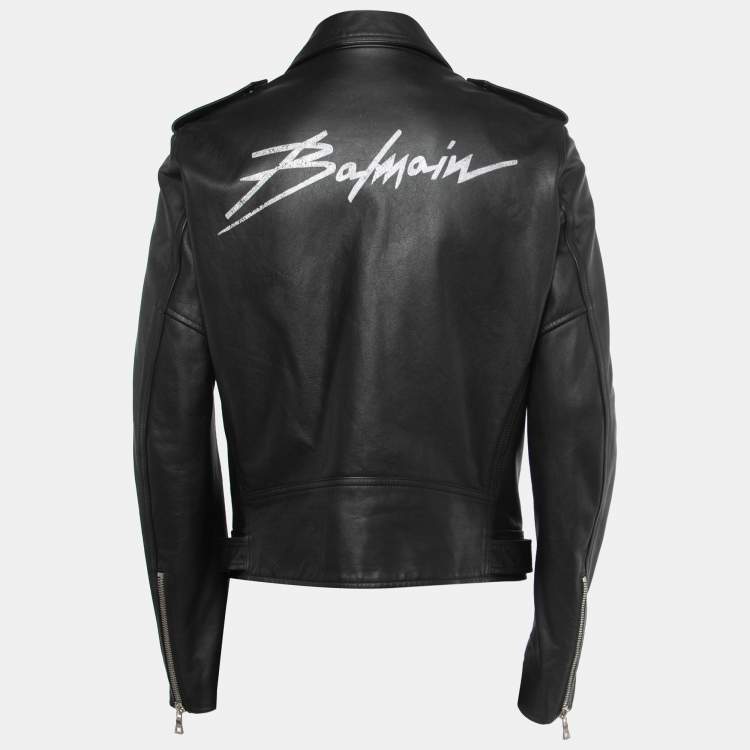 Pre Owned Balmain Black Leather Zip Front Biker Jacket XL
