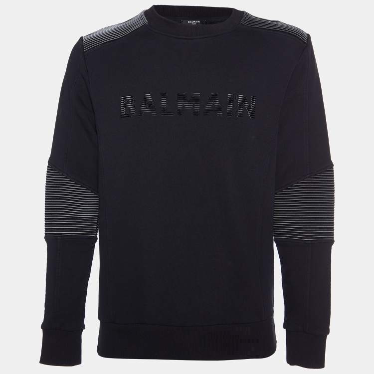 مملوكة مسبقًا Balmain Black Striped Logo Cotton Knit Sweatshirt M