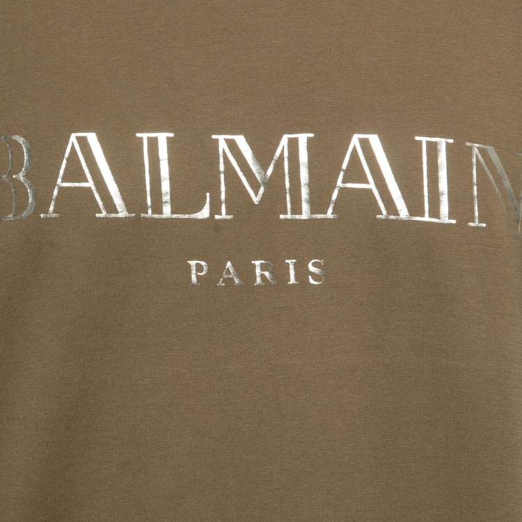 Pre Owned Balmain Green Logo Print Cotton Crew Neck Half Sleeve T-Shirt M