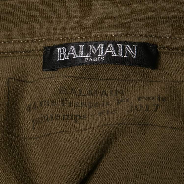Pre Owned Balmain Green Logo Print Cotton Crew Neck Half Sleeve T-Shirt M