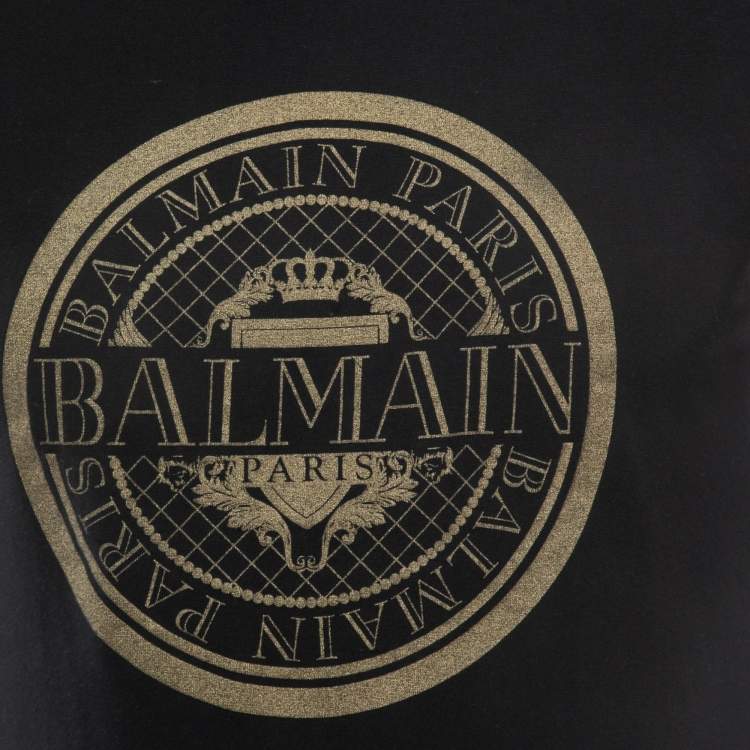 Pre Owned Balmain Black Logo Print Cotton Crew Neck Half Sleeve T-Shirt M