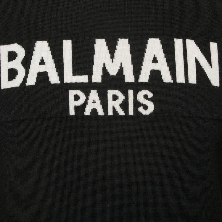 Pre Owned Balmain Black Logo Patterned Wool Knit Jumper M
