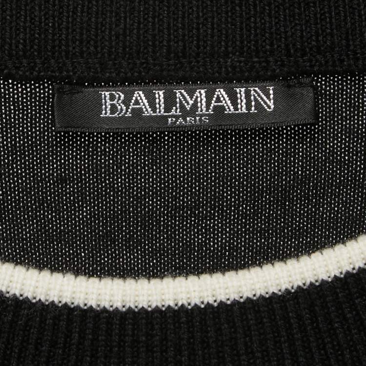 Pre Owned Balmain Black Logo Patterned Wool Knit Jumper M
