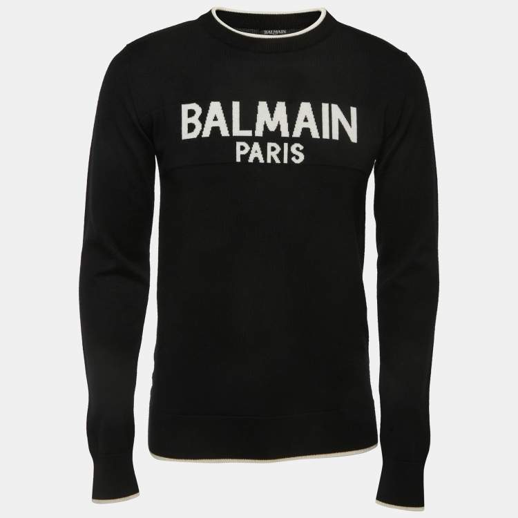Pre Owned Balmain Black Logo Patterned Wool Knit Jumper M