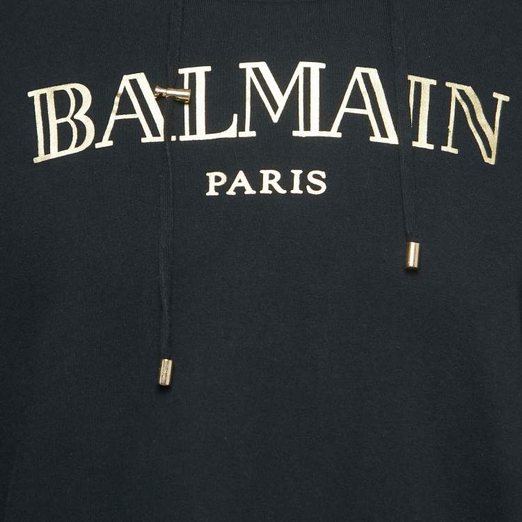 Pre Owned Balmain Black Logo Print Cotton Hooded Sweatshirt M