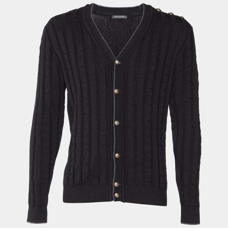 Pre Owned Balmain Black Ribbed Knit Button Front Cardigan M