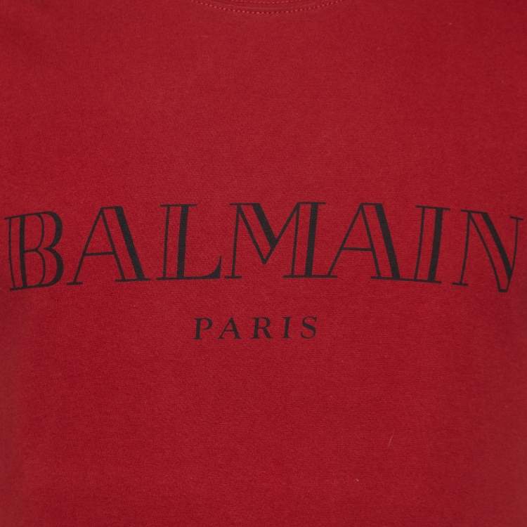 Pre Owned Balmain Red Logo Print Cotton Crew Neck T-Shirt XS
