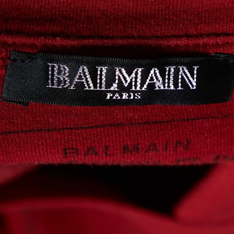 Pre Owned Balmain Red Logo Print Cotton Crew Neck T-Shirt XS