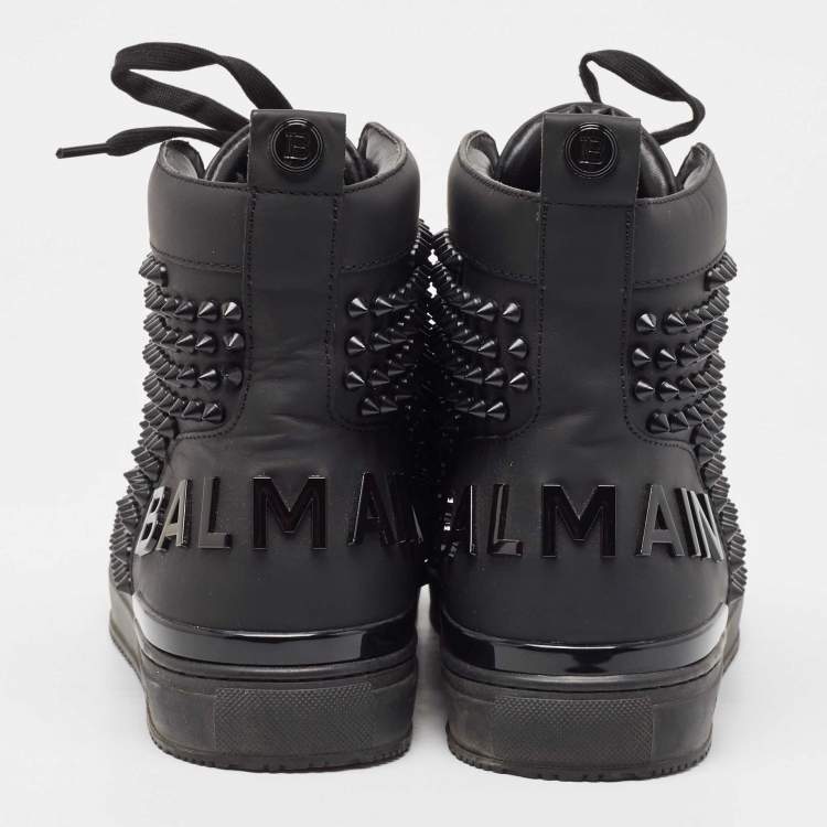 Pre Owned Balmain Black Leather Studded High Top Sneakers Size 40