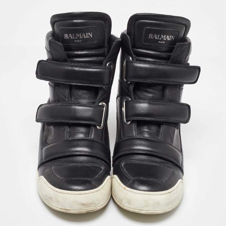 Pre Owned Balmain Black Leather Zip High Top Sneakers Size 42