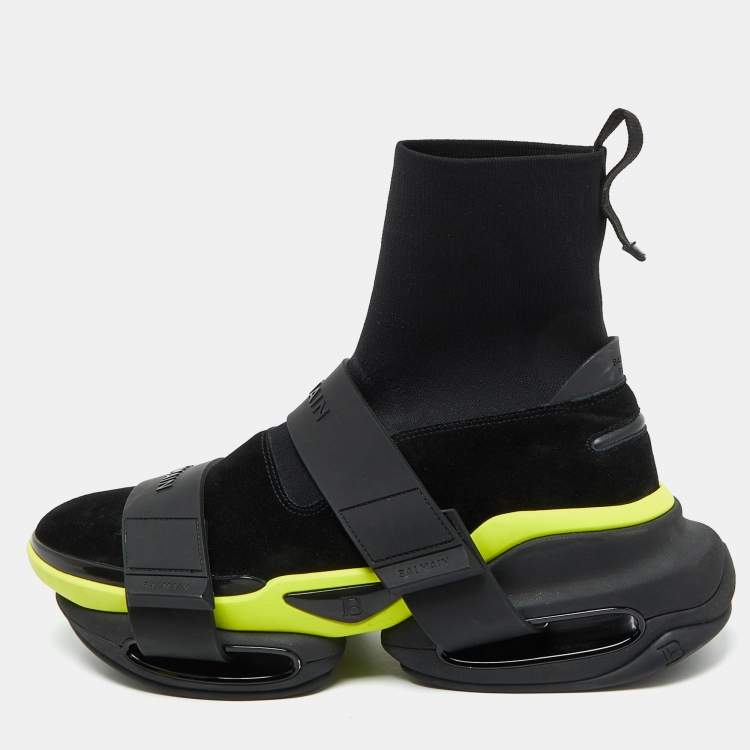Pre Owned Balmain Black Suede and Knit Fabric B Bold High Slip On Sneakers Size 44
