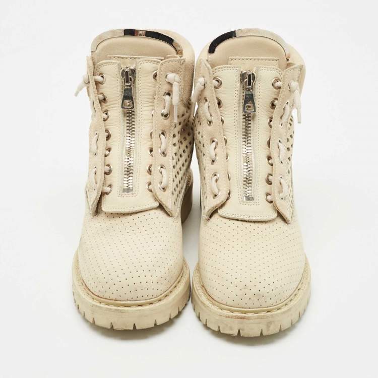 Pre Owned Balmain Cream Suede Combat Boots Size 40