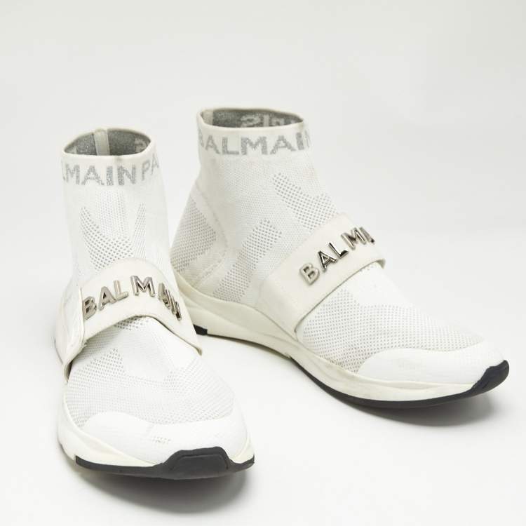 Pre Owned Balmain White Knit Fabric Cameron Sock Sneakers Size 41