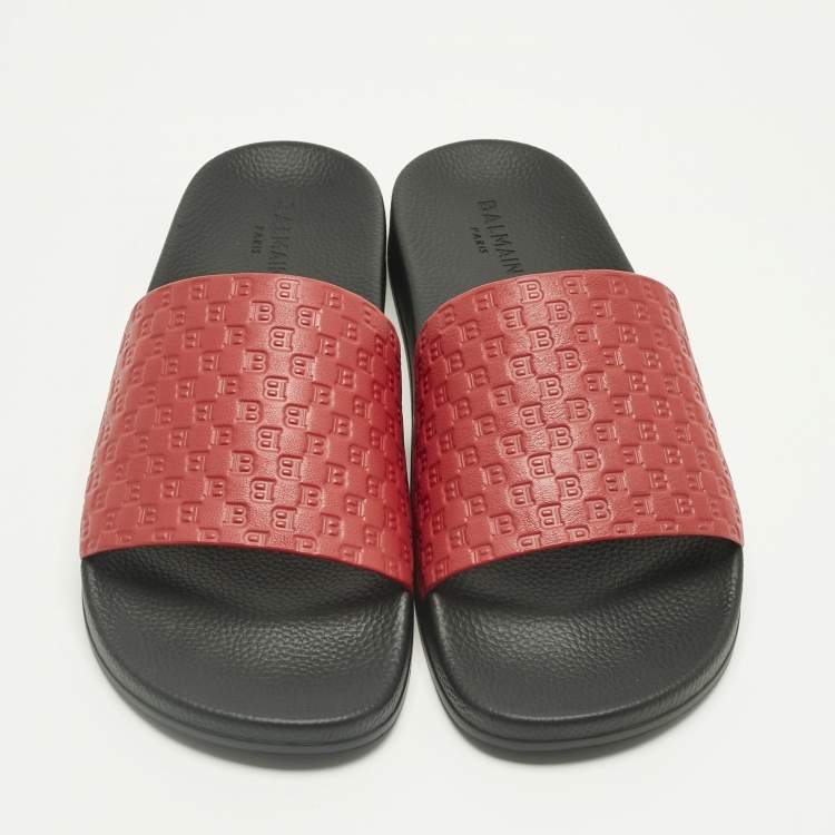 Pre Owned Balmain Red Monogram Embossed Leather Slide Sandals Size 44