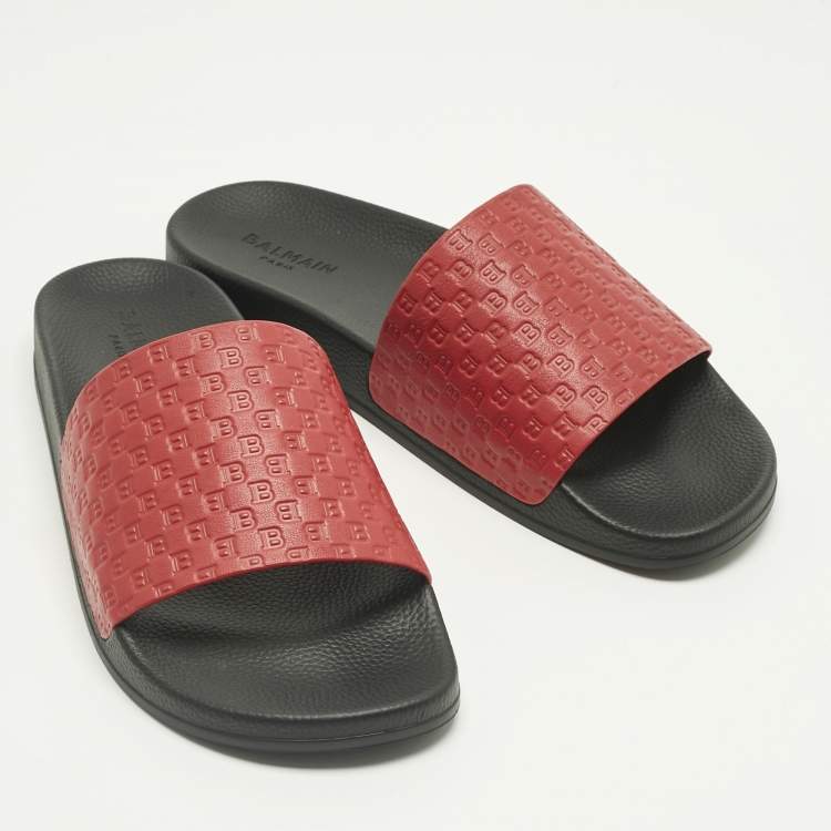 Pre Owned Balmain Red Monogram Embossed Leather Slide Sandals Size 44