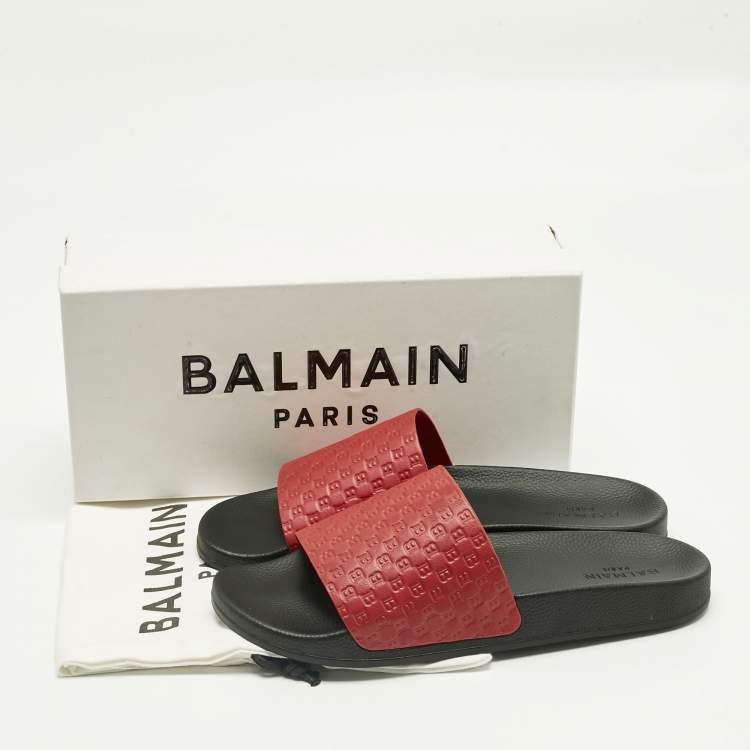 Pre Owned Balmain Red Monogram Embossed Leather Slide Sandals Size 44