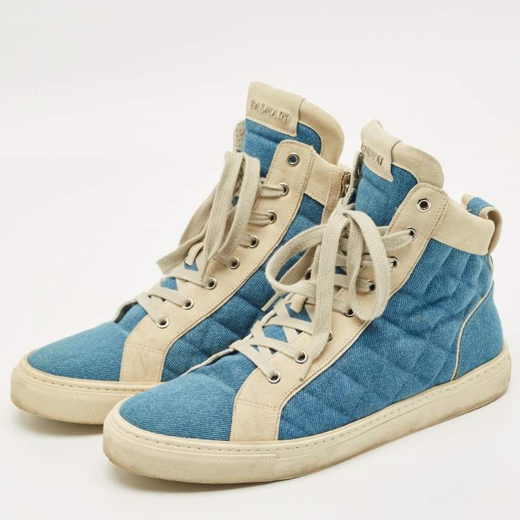 Pre Owned Balmain Size 44 Blue Denim and Suede High Top Sneakers