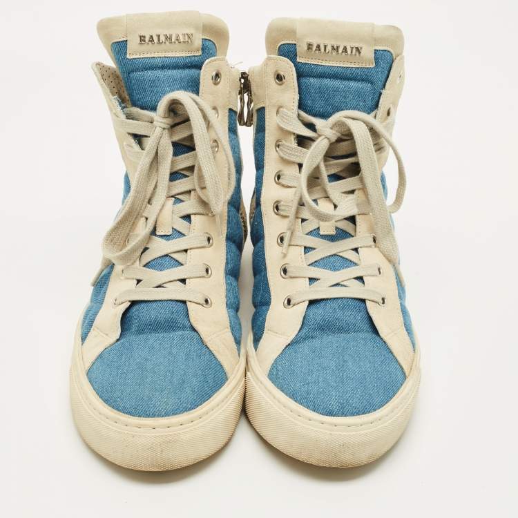 Pre Owned Balmain Size 44 Blue Denim and Suede High Top Sneakers