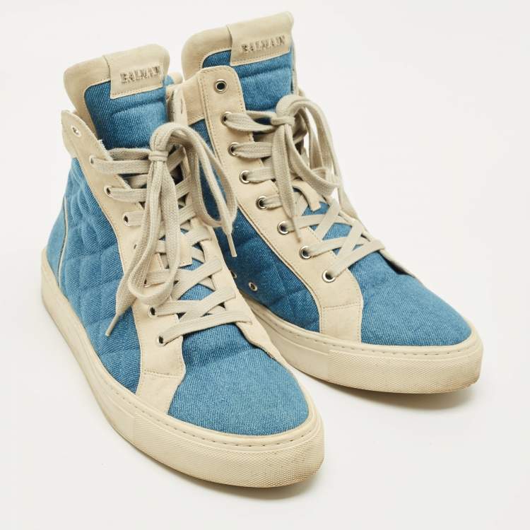Pre Owned Balmain Size 44 Blue Denim and Suede High Top Sneakers