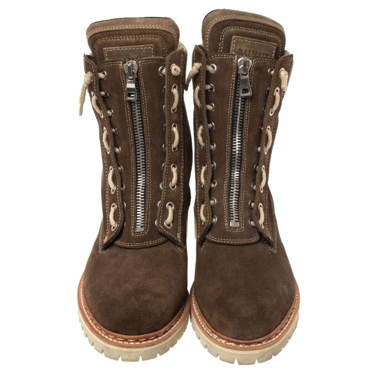 Pre Owned Balmain Khaki Suede and Leather Lace Up Combat Boots Size 41