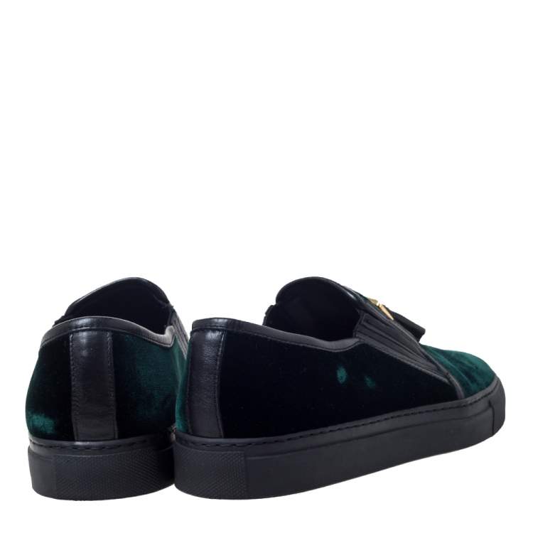 Pre Owned Balmain Green/Black Velvet and Leather Tassel Slip On Sneakers Size 39