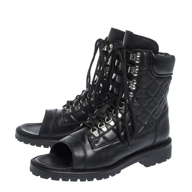 Pre Owned Balmain Black Quilted Leather Lace up Open Toe Boots Size 40