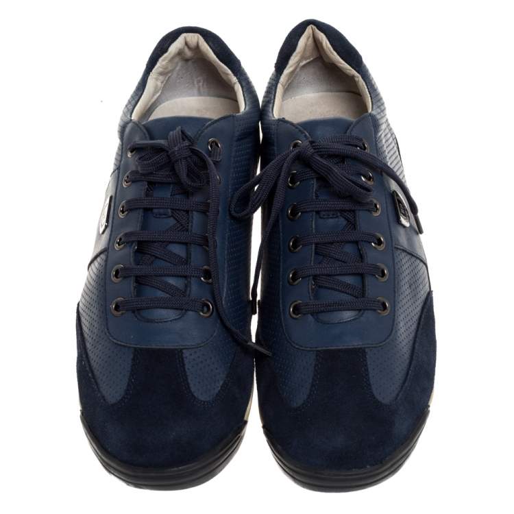 Pre Owned Balmain Blue Perforated Leather And Suede Lace Up Sneakers Size 43