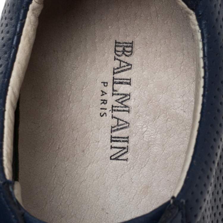 Pre Owned Balmain Blue Perforated Leather And Suede Lace Up Sneakers Size 43