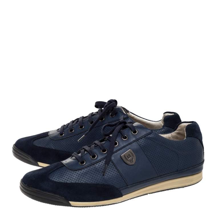 Pre Owned Balmain Blue Perforated Leather And Suede Lace Up Sneakers Size 43