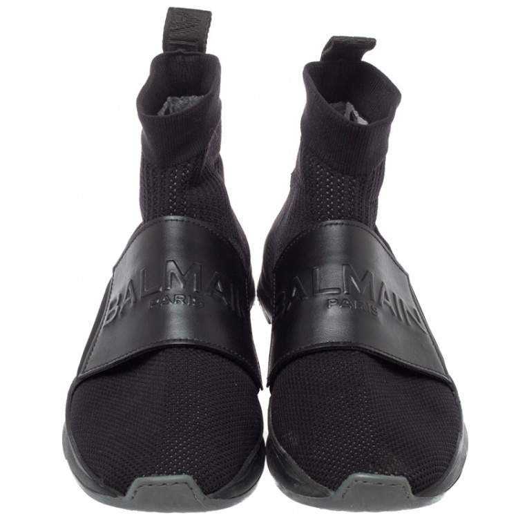 Pre Owned Balmain Black Knit Fabric And Leather Cameron Sock Sneakers Size 42